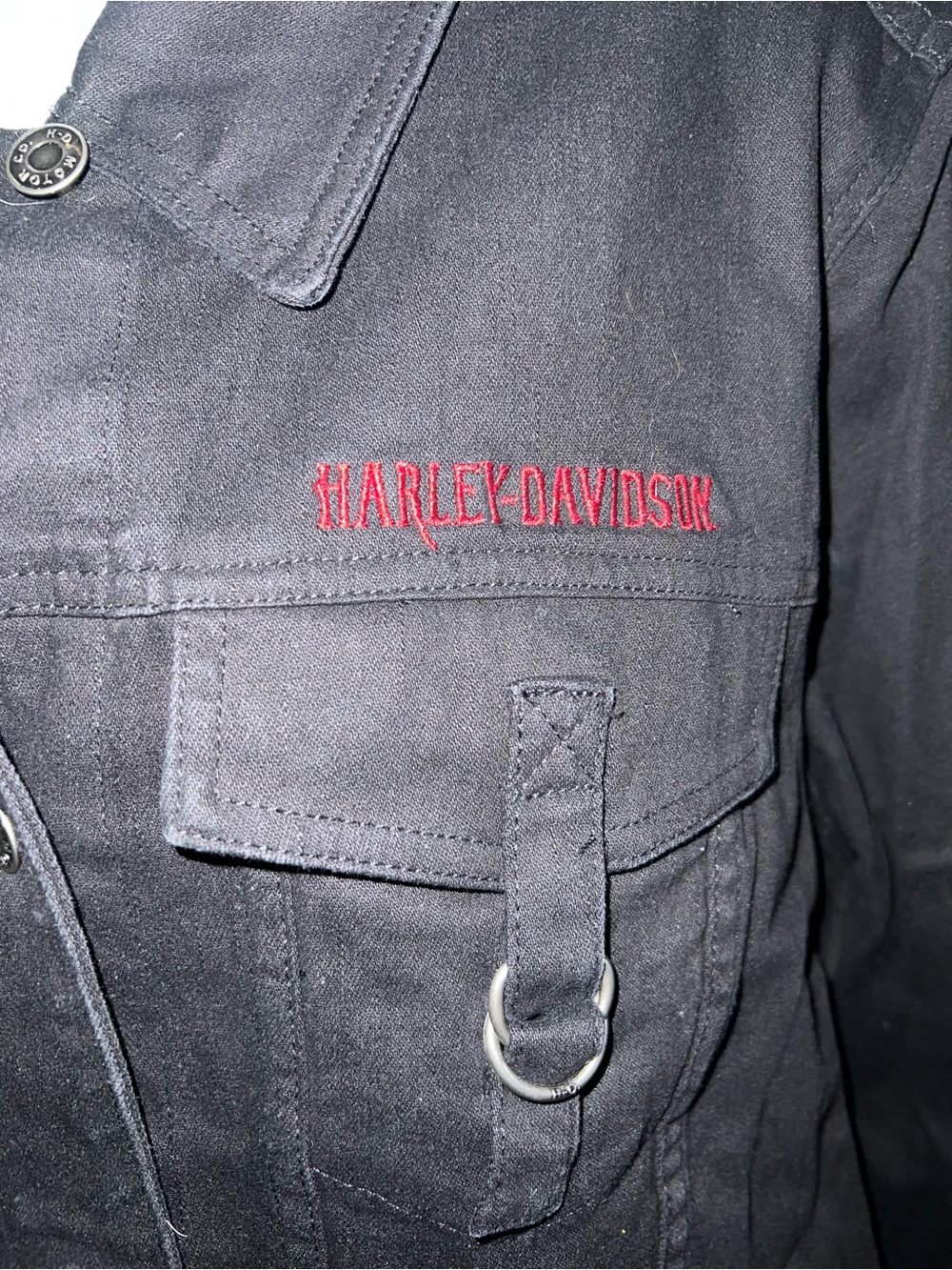 Vintage Harley-Davidson Women's Black Denim Trucker Jacket with Red Flame Detail - Picture 4 of 7